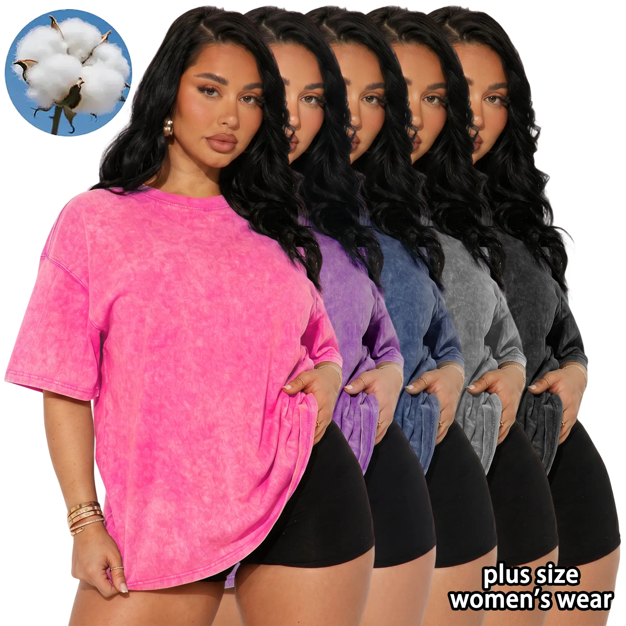 Women’s 5-pack plus-size pure cotton T-shirts, washed distressed look; loose drop-shoulder crew neck vintage short-sleeve tops; soft and breathable summer basics for everyday streetwear styling, versatile for daily wear.