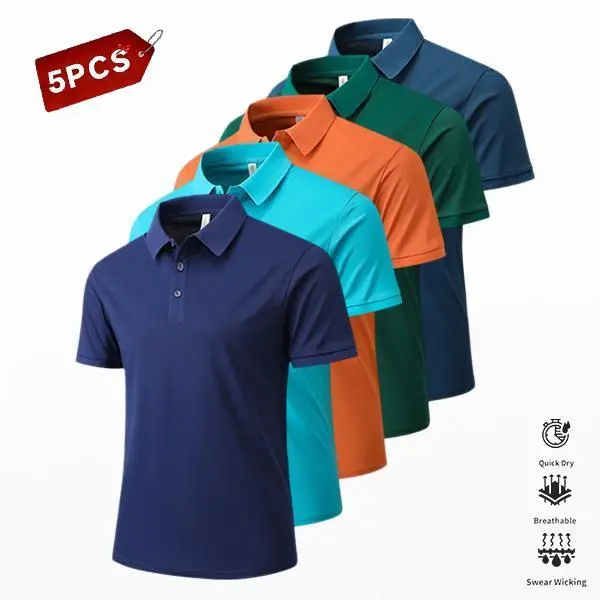 Men’s 5-pack Summer Polo Shirt Set – Solid Color, Casual Design, Stylish and Versatile, Suitable for Leisure, Business, and Sports; Orange/Black/Navy Blue/Green Combo Set, Menswear, Shortsleeve Top Striped