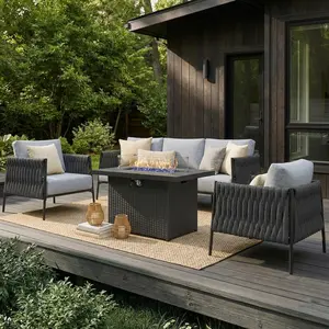 【3 Packages Shipping】LayinSun 4 Piece Outdoor Furniture Set with Fire Pit Table, Modern Rope Woven Patio Conversation Sofa Set with Olefin Braid and Deep Seating summervibes