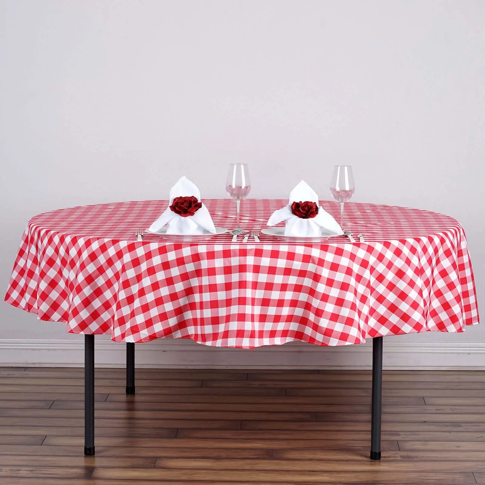 90" Polyester Round Tablecloth, White-Red Checkered Buffalo Plaid Design - Rustic Finish for Farmhouse Gatherings