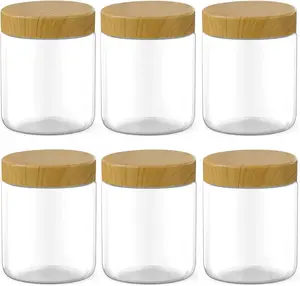 Clear Plastic Jars with Wooden Lids 6 Pack 8 Oz Refillable Kitchen Storage Containers for Dry Food Coffee Nuts and More