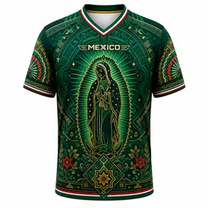 2026 Mexico Inspired Green V-Neck Sports Jersey for Men, Guadalupe Style Sacred Figure Graphic, Aztec Calendar Art, Floral Details, Short Sleeve Soccer Fan Shirt, Casual Futbol Game Day Tee