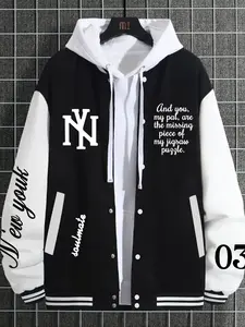 Men's Casual Letter Ny03 Print Number Design Baseball Jacket, Fitted Geometric Style, All Seasons Wear, Versatile Net Version