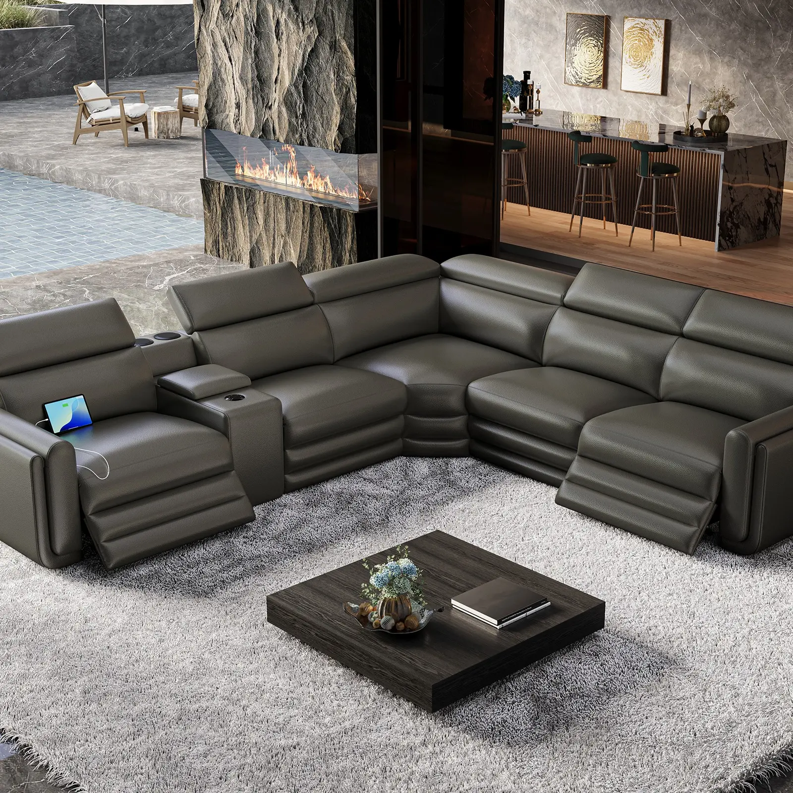 AMERLIFE Dual Power Recliner, Oversized 5-Seater Sofa with Console, 3 Bluetooth Speakers & Hidden Storage, Modern L Shaped Reclining Couch with 6 Charging Ports