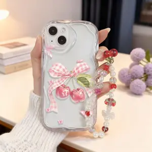 Transparent Wavy Cherry Patterned Phone Case+Pearl Bracelet For Infinix Smart 10 Plus 9 7 8 Tecno Spark 40 40C 20 20C 30C Go 2024 2023 2025 1 1S 2 2S Hot 60 Pro Plus 50i 60i Back Cover