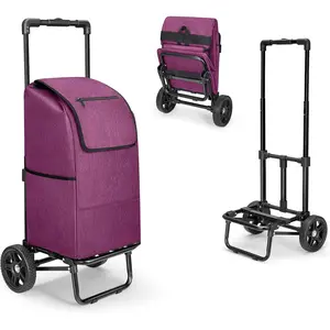 2 in 1 Shopping Cart for Groceries, 330 lbs Grocery Cart on Wheels, Foldable Utility Carts with Wheels, Load-Bearing Hand  with Purple  Bag for Shopping, Camping, Laundry, Garden