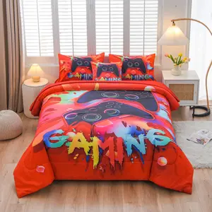 Gaming Comforter Sets for Boys  Bedding Sets Video  Console Action Buttons Novelty Colorful  Gamepad Controller Modern Gamer Room Decor Home Quilt Set ( 6 count, Red)