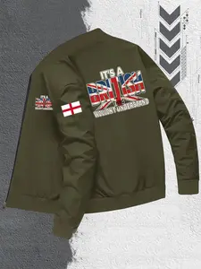 Men's British Theme Pilot Jacket with England Flag Print, Full Zip Closure, Zip Pockets, Casual Winter Coat for Travel and Formal Occasions