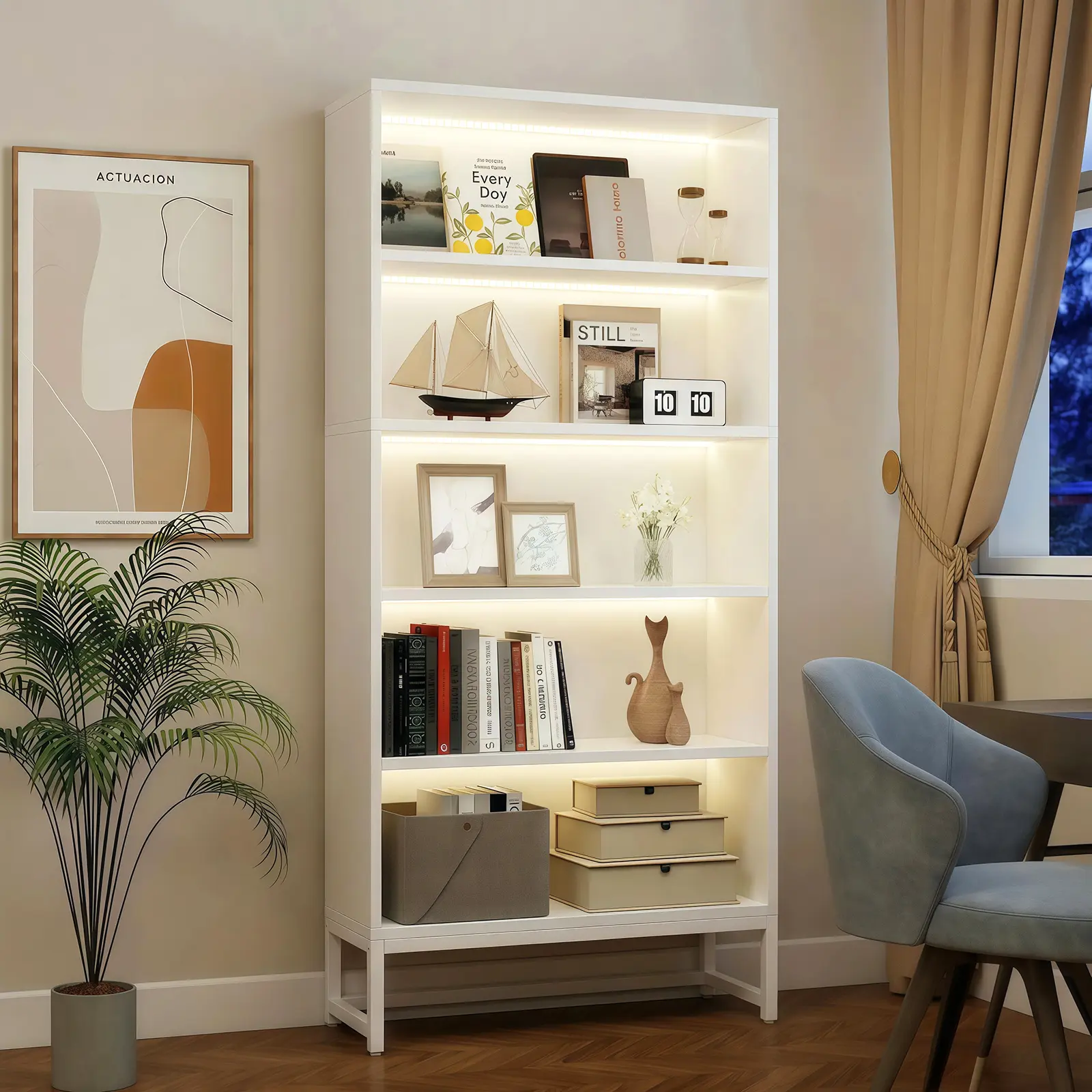 5 Tier Tall Bookcase with LED Lights, Bookshelf with Storage, Heavy Duty Wood Bookshelf with Adjustable Lighting, Freestanding Display Cabinet for Living Room, Bedroom, Home Office, Study Room