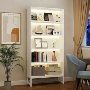 5 Tier Tall Bookcase with LED Lights, Bookshelf with Storage, Heavy Duty Wood Bookshelf with Adjustable Lighting, Freestanding Display Cabinet for Living Room, Bedroom, Home Office, Study Room