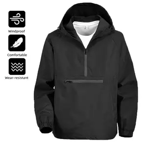 Men's Solid Color Outdoor Sports Jacket, Half Zipper Casual Hooded Windbreaker with Large Pockets, Windproof and Rainproof Long Sleeve Top Suitable for Spring and Autumn