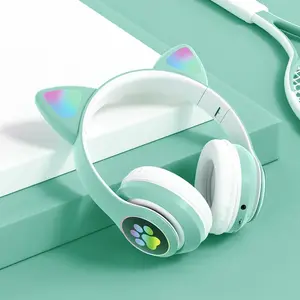 Cute Cat Ears Flash Lamp Bluetooth 5.0 Stereo Headphones with Mic, Rainbow Foldable Design, Mobile Compatibility, MP3 Support via TF Card, Wireless Kids Earphones for Girls' Birthday Gifts