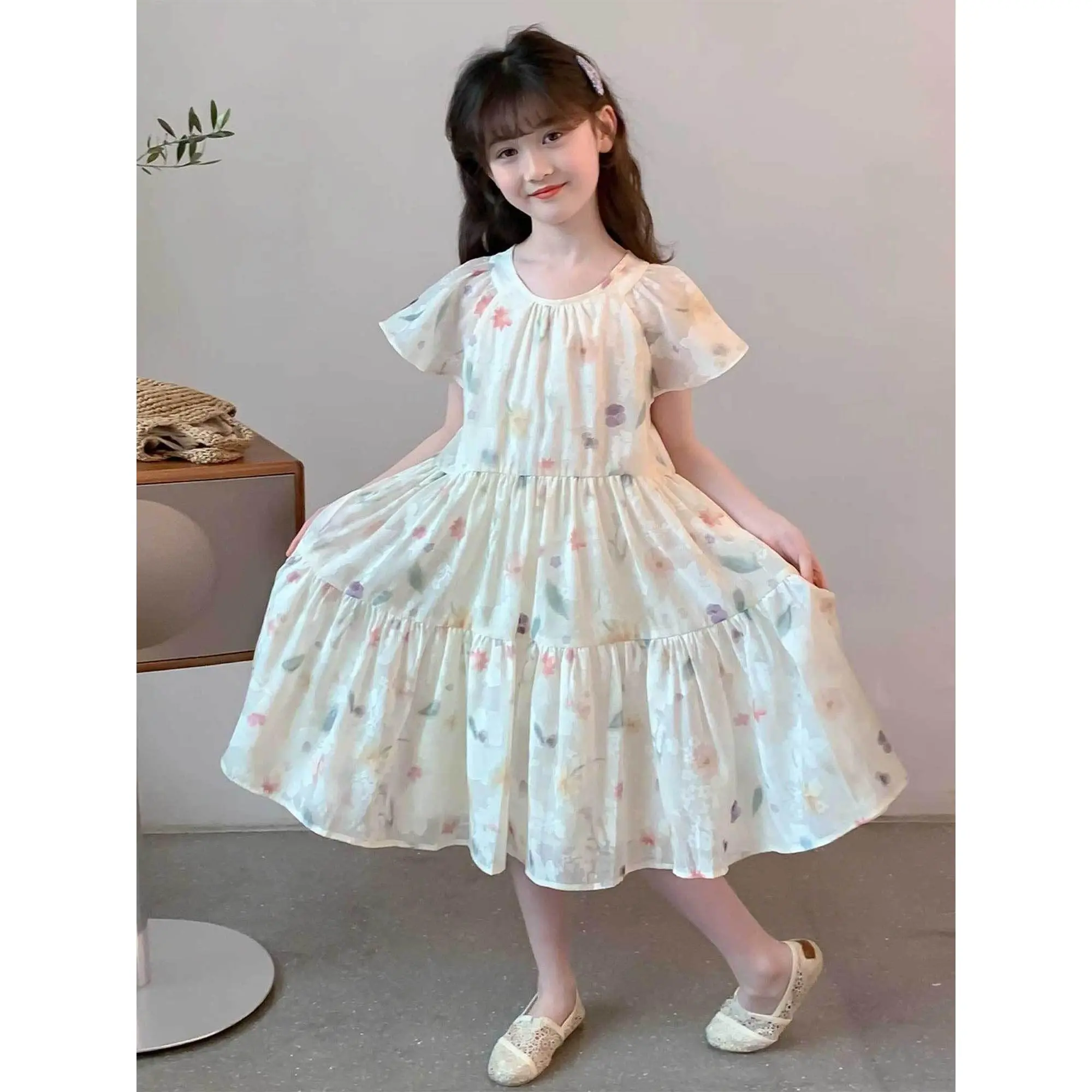 Sweet & Breezy Teen Girls Floral Tiered Dress - Short Sleeve Summer Princess Dress with Layered Pleated Skirt, Perfect for Daily Wear & Parties