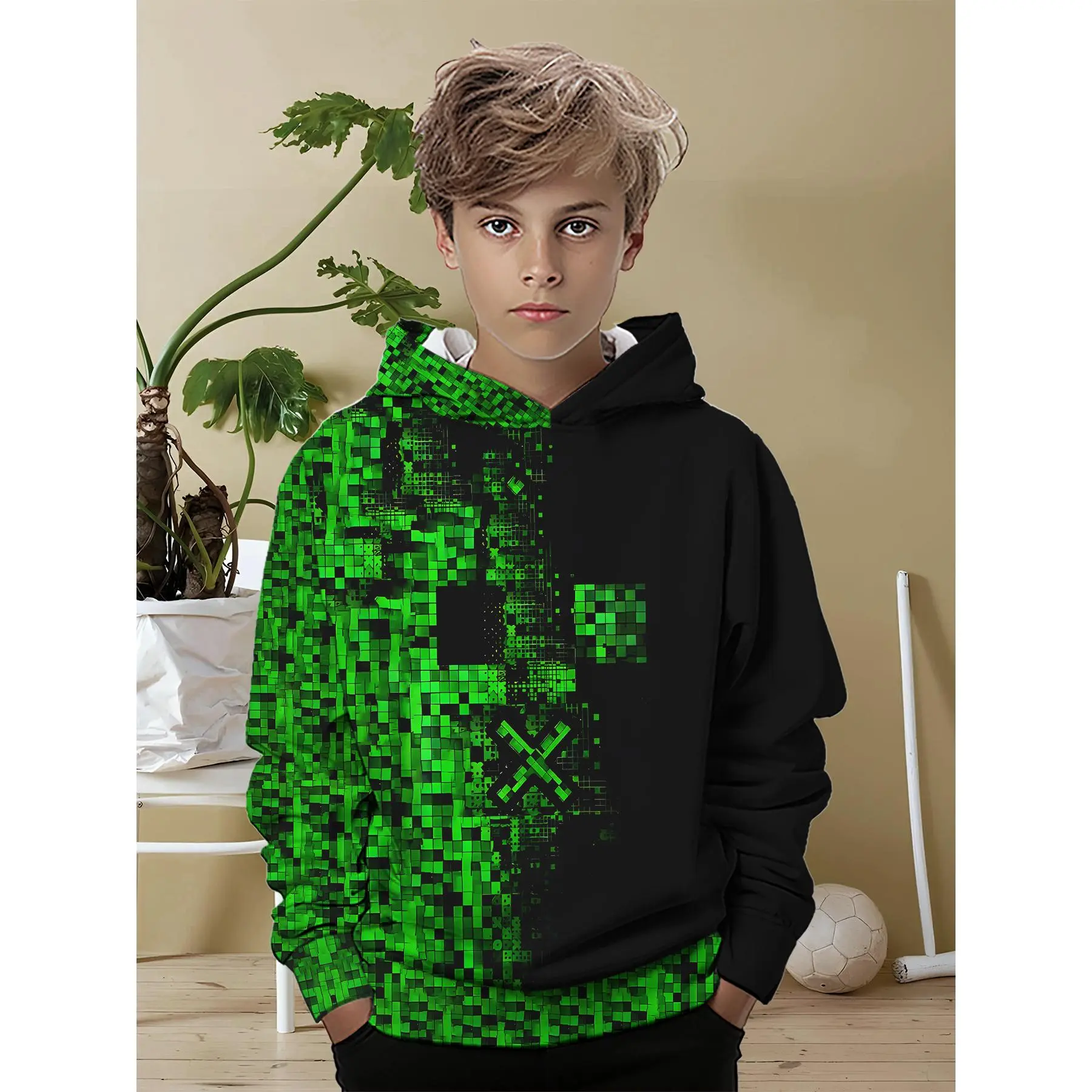 Boys' 3D Printed Pixel Hoodie with Color Blocking - Retro Video Game Style Zipper Hooded Jacket, Stretch Polyester/Elastane Sweatshirt Suitable for Boys - Casual Wear & to Weekend Outfits
