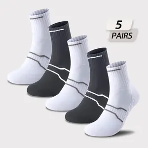 5-Pack Men's Athletic Socks Mid-Calf Sports Socks Breathable Mesh Sweat-Wicking Shock-Absorbing Durable Terry Sole Solid Color for Running Soccer Hiking Cotton-Polyester Blend