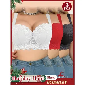 3 Pack Multicolor Lace Sexy Plus Size Push Up Wide Straps Women Lingerie Smooth Simple Push Up Bra