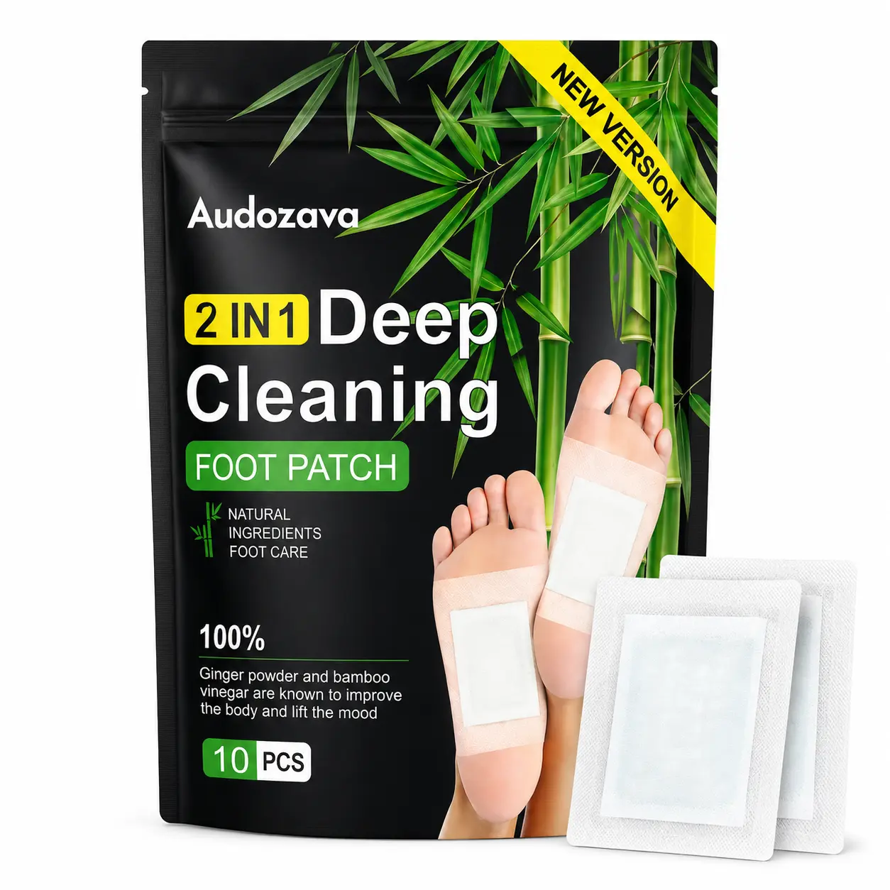 Audozava 2 in 1 Deep Cleaning Foot Patch, 10 PCS Natural Ingredient Foot Care Pads with Ginger Powder & Bamboo Vinegar, Soft Breathable Adhesive Patches for Overnight Foot Care, Home Spa Relaxation