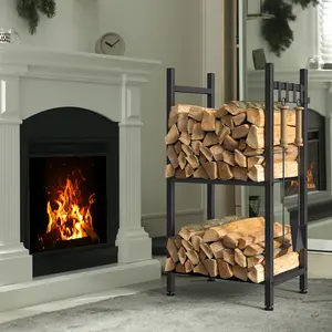 2-Tier Metal Firewood Rack with 4 Hooks, Portable Standing Rack, Sturdy Construction, Indoor/Outdoor, For Storing Logs for Fireplaces, Firepits, and Stoves - Black, Shipments within 1-2 days