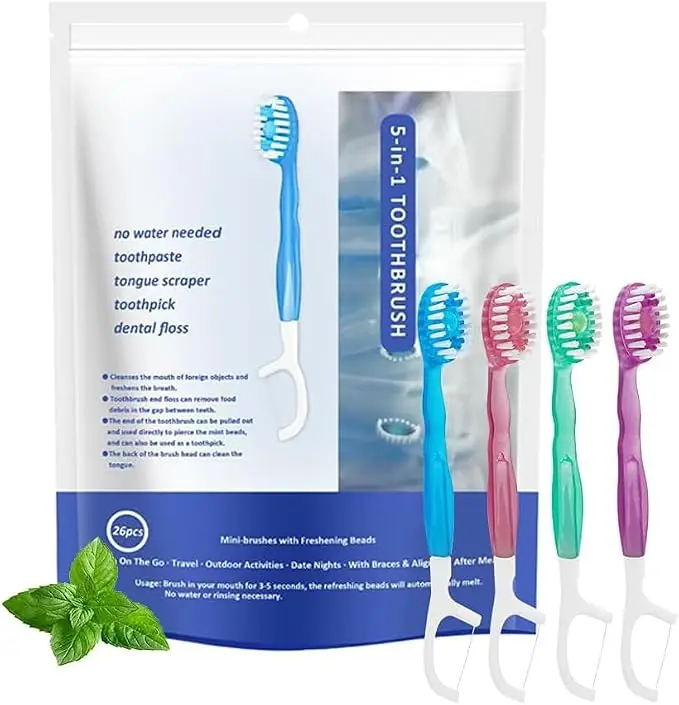 5-In-1 Disposable Mini Burst Bead Toothbrush, Including Toothbrush, Toothpaste, And Dental Floss, Individually Packaged For Easy Carrying, Suitable For Work Assignments/Travel -4 Flavors