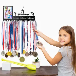 Sportecor Gymnastics Medal Holder for Girls and Boys - Gymnastics Gift - Personalized Stainless Steel Medal Hanger Display with Photo Frame and 20 Extra Long Hooks - Sparkly Black Finish with Glitter