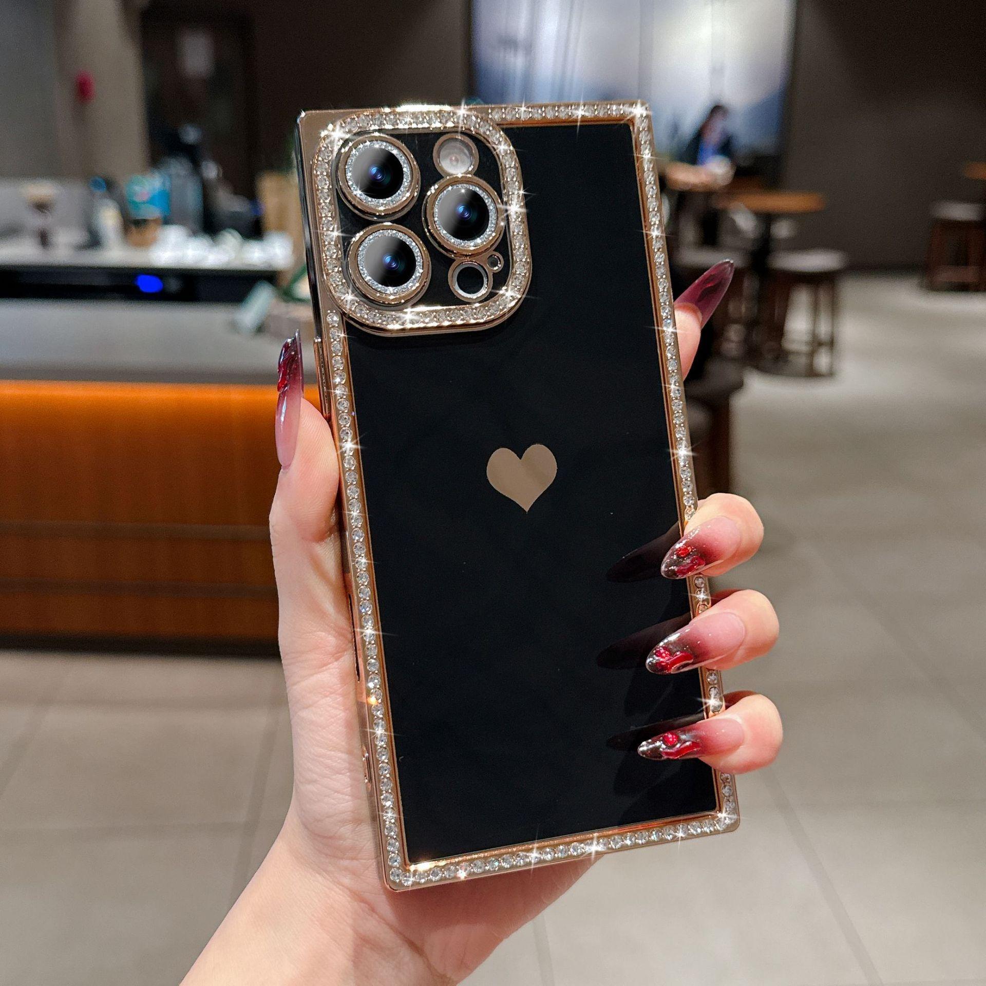 Luxury Rhinestone Square Edge Phone Case, Bling Diamond Full Camera Protection Shockproof Cover with Heart Design for IP 16 Pro max, 15 plus, 14, 13 junk
