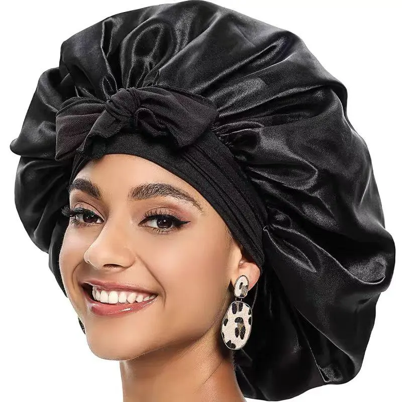 Large Adjustable Satin Bonnet for Sleeping, Double Layer Hair Bonnet with Long Tie Band for Curly Hair, Braids, Locs and Natural Hair