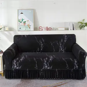 Marble Pattern Sofa Cover, Stretch Sofa Cover, 1 Count Exquisite Elastic Sofa Slipcover with Ruffle Trim, Dustproof Sofa Protector for Home Living Room