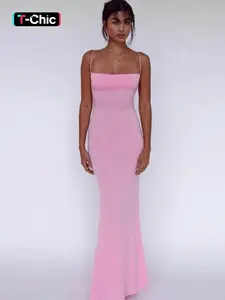 Women's Solid Knitted Backless Cami Mermaid Bodycon Dress, Adjustable Strap Sleeveless Maxi Dress for Parties, Clubs, Dates and Evening, Ladies Summer Clothes