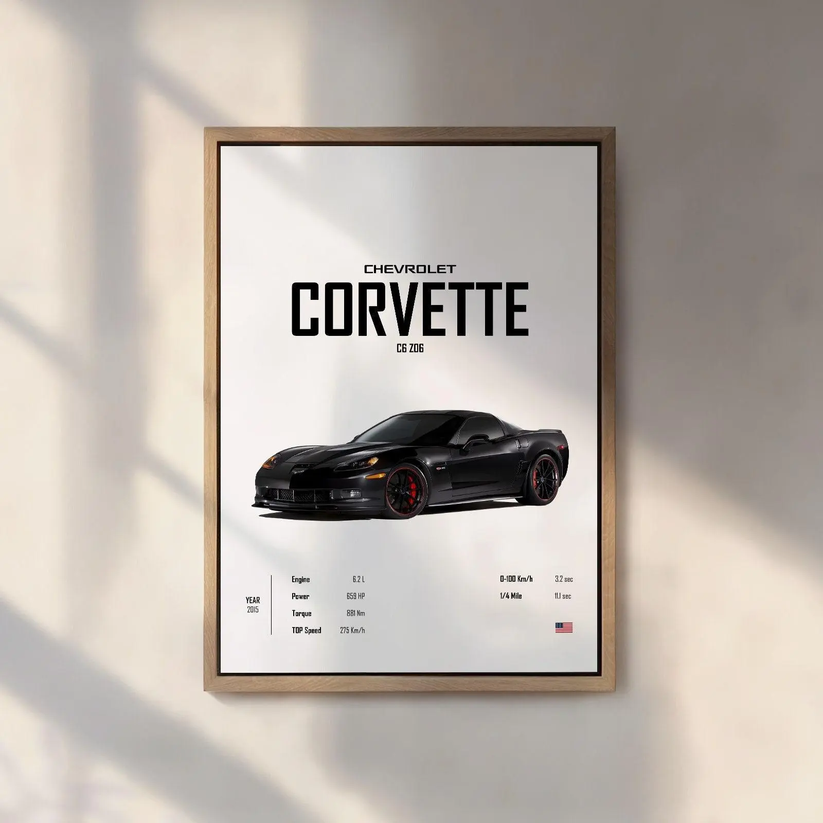 Corvette C6 Z06 Canvas Poster, Black Sports Car Wall Art, Minimalist Car Spec Print, Unframed Canvas Poster for Garage Bedroom Office Decor