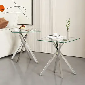 2-Piece Square Tempered Glass Side Table | 17.72" Clear Coffee Table with Silver Legs for Sofa/Bedroom table Furniture Criss Cross