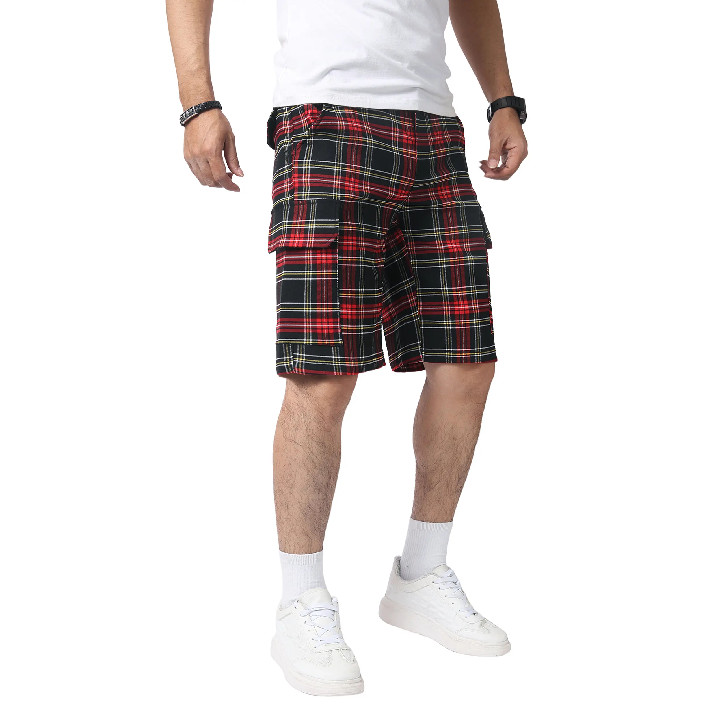 JUNBAOSS Original Men's Mid-Waist Red Tartan Plaid Cargo Shorts - 6-Pocket Button-Front Multi-Compartment Casual Comfy Shorts, Outdoors Utility Work Summer 2026 Menswear, Relaxed-Fit Chic Classic High-Capacity Athletic Bottoms