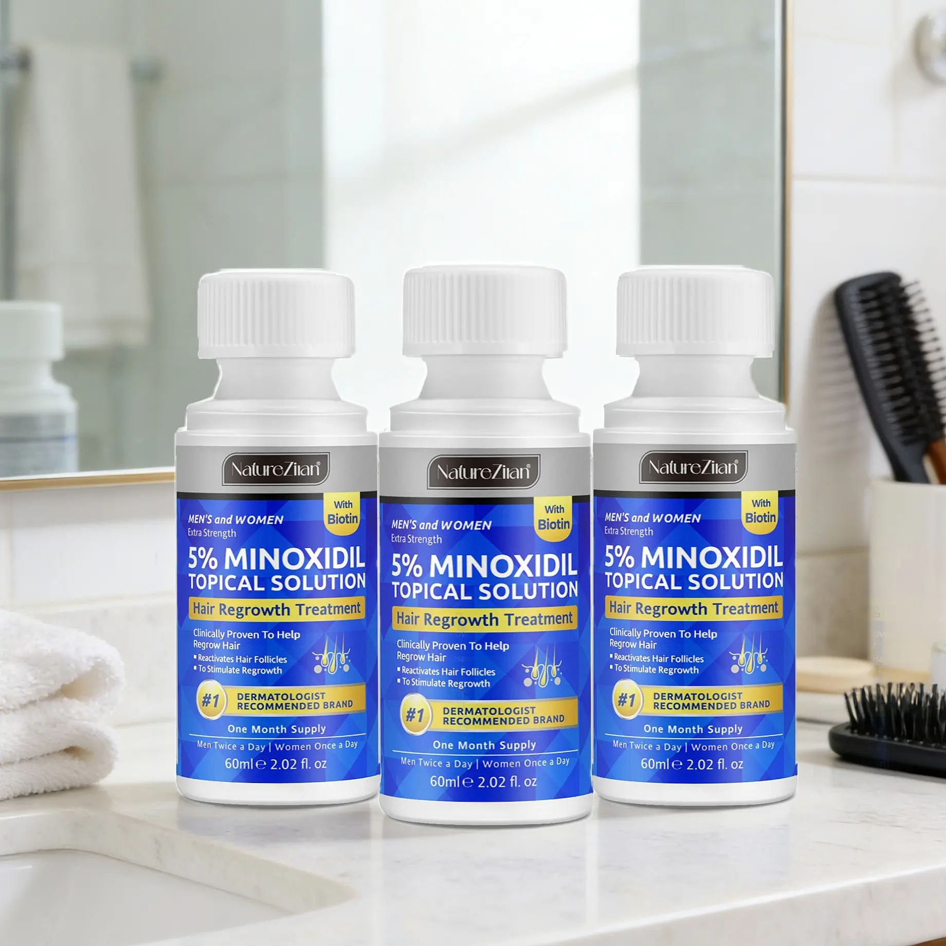 4/3/2/1 bottle NatureZiran Minoxidil Solution 60ml, containing 5% minoxidil active ingredient, scalp care essence, Root Growth Booster, Hair Growth Formula, Hair Regrowth Treatment, suitable for thinning hair, men and women, holiday gift
