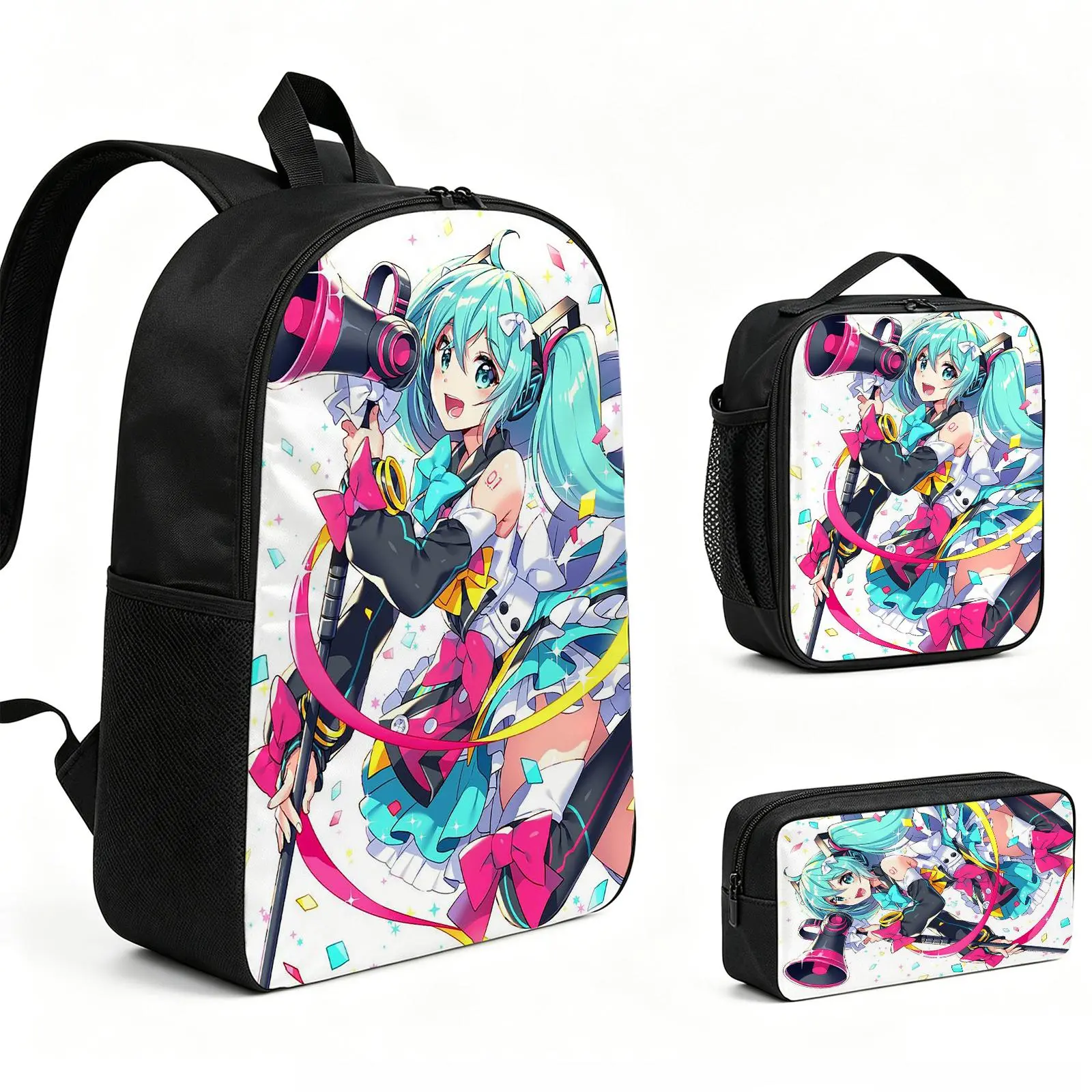 hatsune miku  Backpack 3pcs Set with Vibrant Print, Durable School Bookbag with Insulated Lunch Tote and Pencil Bag for Teens Boys Girls, Multi-Functional Laptop Travel Daypack Gift for Kids L-201