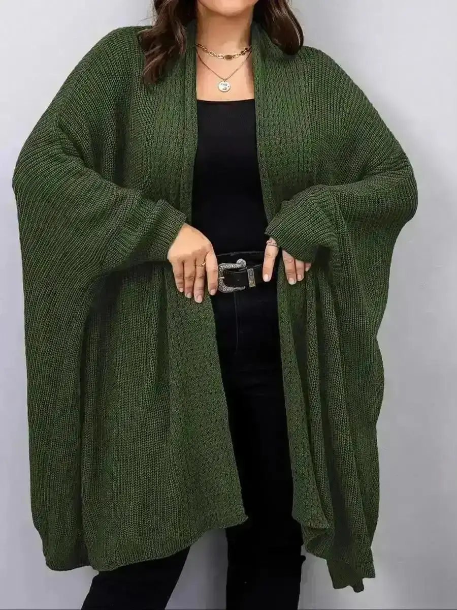 [Plus Size] Solid Batwing Sleeve Open Front Cardigan, Casual Long Knit Outerwear for Fall & Winter, Women's Clothing Daily Wear, Cozy, Flattering, Versatile, Comfort, Style, Outfit, Essential, Trendy, Chic