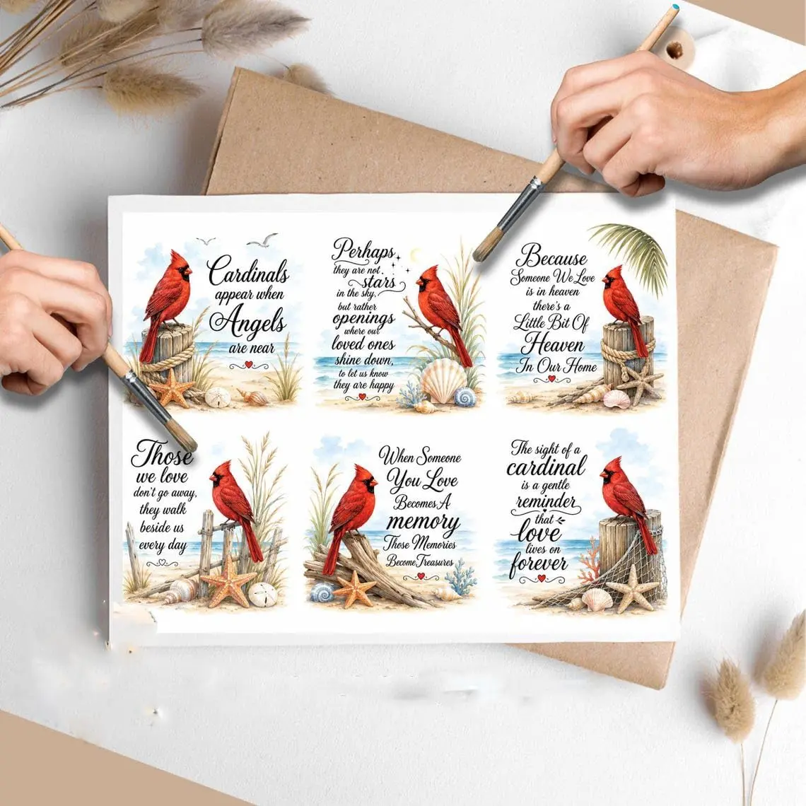 Rice Paper for Decoupage, Cute Vintage Christmas Cardinal at the Beach Quotes 1 Design, Decoupage Napkin Perfect for Scrapbooking, Journaling, Christmas Ornaments, Seashells, Candles, US Letter Size