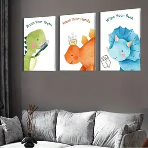 3 Piece Framed Dinosaur Bathroom Decor Set, Fun Colorful Dinosaur Posters, Cute Animal Canvas Art, Positive Educational Painting