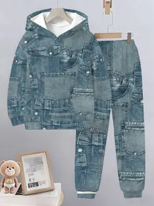 Boys' Hooded Sweatshirt Set Youth Kits with Vintage Denim Patchwork Print, Casual Fitted Design, Geometric Pattern, All Seasons Wear