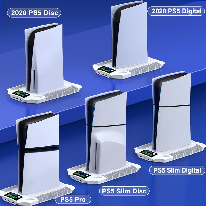 ESYWEN PS5 Pro/Slim Stand & Cooling Station with Controller Charging for PlayStation 5 Disc Digital Console, 3 Levels Fan, 13 Game Slots, 3 USB Hub, Headset Holder, Wearable
