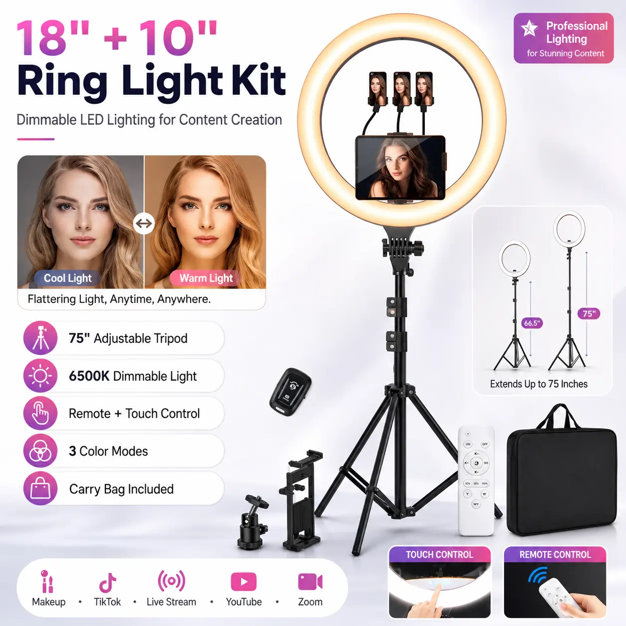 Dimmable LED Ring Light Kit (18"+10"), 75" Alloy Adjustable Tripod Stand, Mobile/Cellphone/Smartphone Holder, Remote Control & Carry Bag for Live Streaming, Makeup, Vlogging Accessories