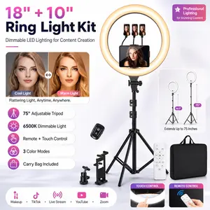 Dimmable LED Ring Light Kit (18"+10"), 75" Alloy Adjustable Tripod Stand, Mobile/Cellphone/Smartphone Holder, Remote Control & Carry Bag for Live Streaming, Makeup, Vlogging Accessories