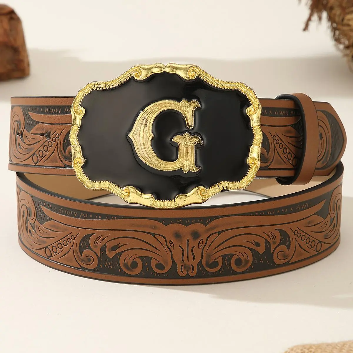 Men's Custom Embossed Leather Belt - Western Country Style, Initial Letter Decorative Buckle, American Cowboy Jeans Waist Strap, Personalized Gift for Men