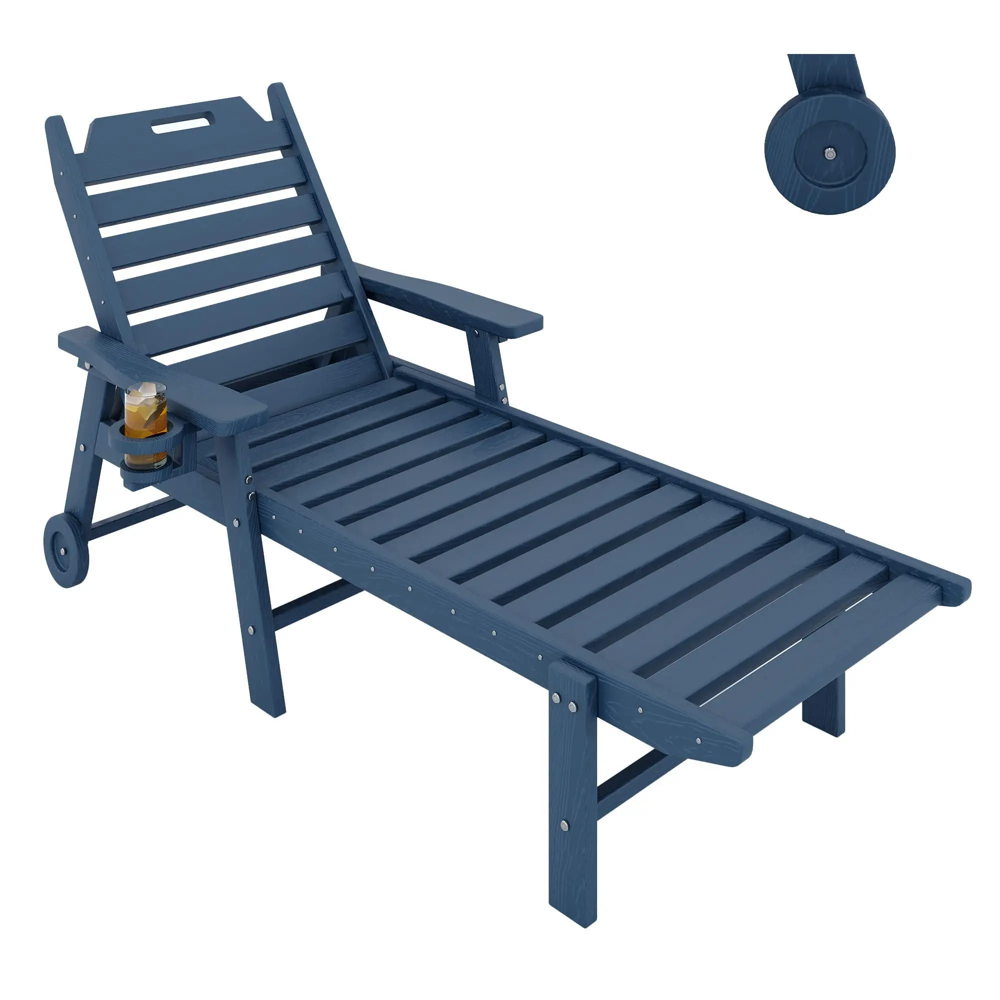 GARVEE HDPE Plastic Oversized Chaise Lounge Chair Outdoor with Wood Texture, 5-Position Backrest, Built-in Cup Holder & Rolling Wheels - All-Weather for Patio, Poolside, Navy Blue