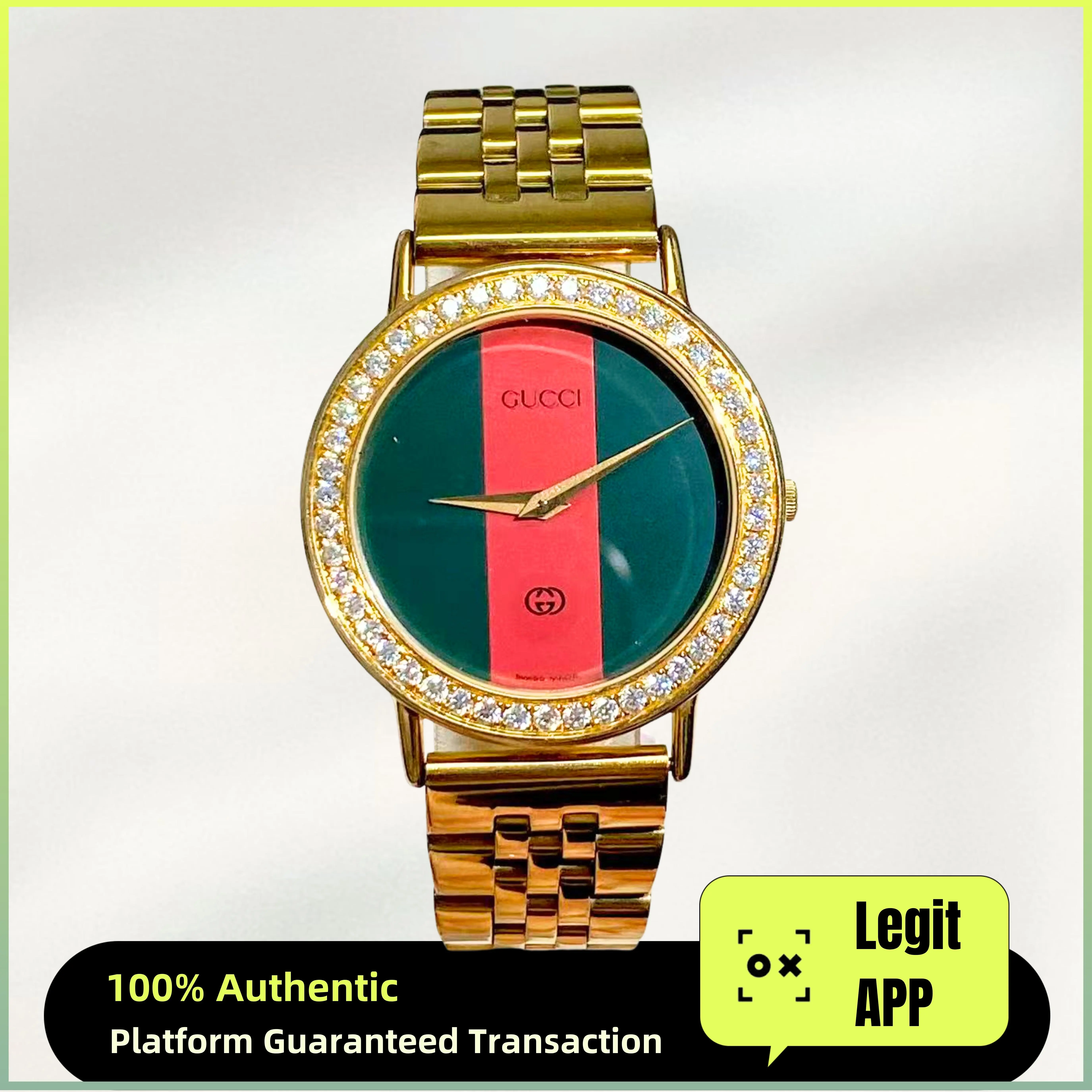Gucci Vintage Quartz Gold Plated 33mm Red&Green Two-Tone Dial Diamond Ladies Watch 21183195