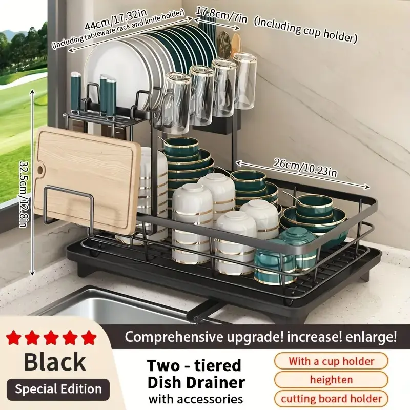 Double Layer Metal Dish Rack, Space-Saving Kitchen Countertop Organizer, Durable Rust-Resistant Holder with Draining Board, Dish Drying Organiser Bowl, Dish Drainer, Drainage Rack, Adjustable Metal Rack