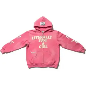 Retro 90s Y2K Literally Just A Girl Pink Zip Up Hoodie WRLD REBIRTH Streetwear Unisex Oversized Fit