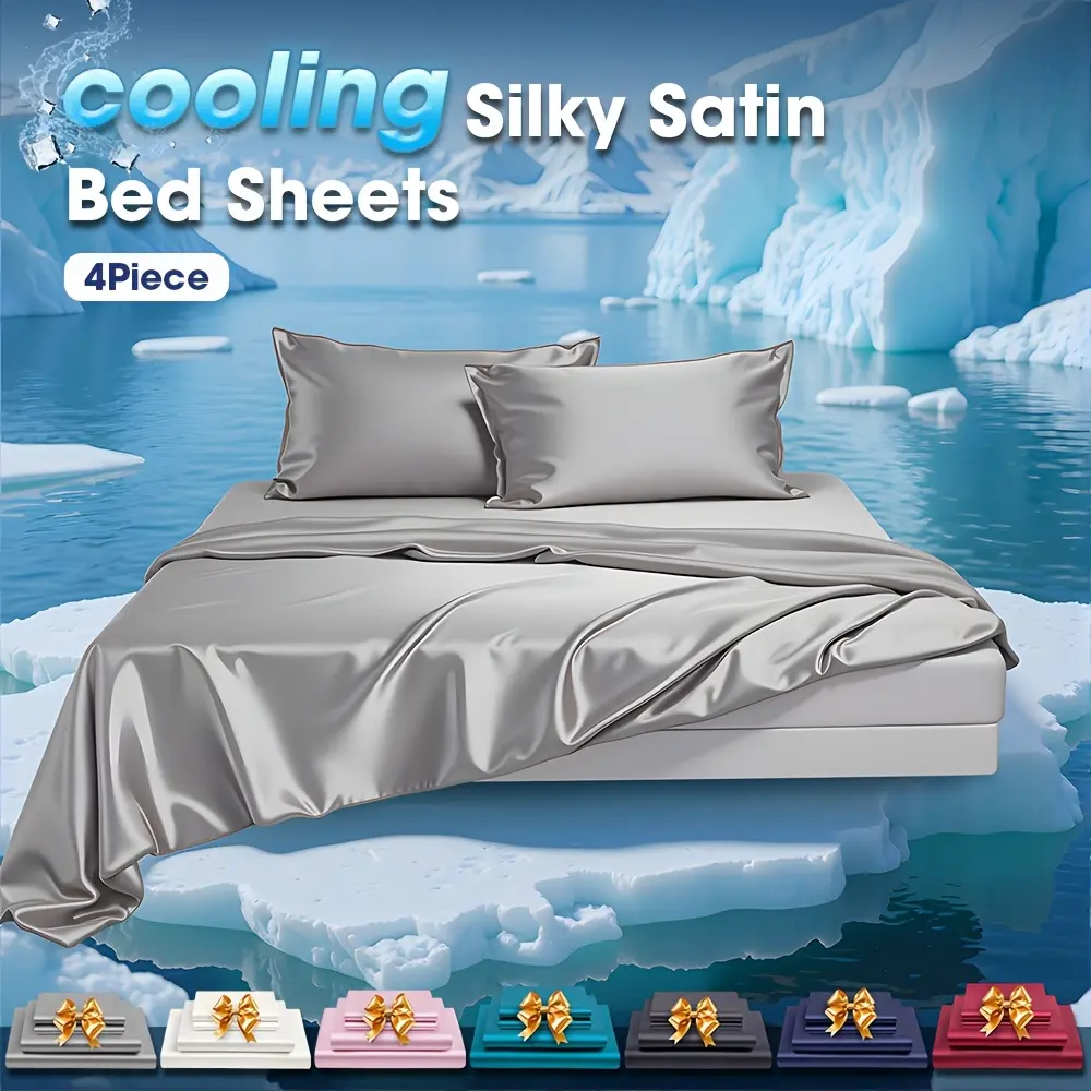GOHOME 4-Piece Hotel Quality Luxury Silky Soft Cooling Bed Sheets Set - Satin Bed Sheets with 16" Deep Pocket Fitted Sheet Wrinkle-Free Breathable for Hot Sleeper Light Beige All-Season Solid Color