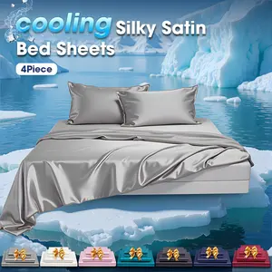 GOHOME 4-Piece Hotel Quality Luxury Silky Soft Cooling Bed Sheets Set - Satin Bed Sheets with 16" Deep Pocket Fitted Sheet Wrinkle-Free Breathable for Hot Sleeper Light Beige All-Season Solid Color