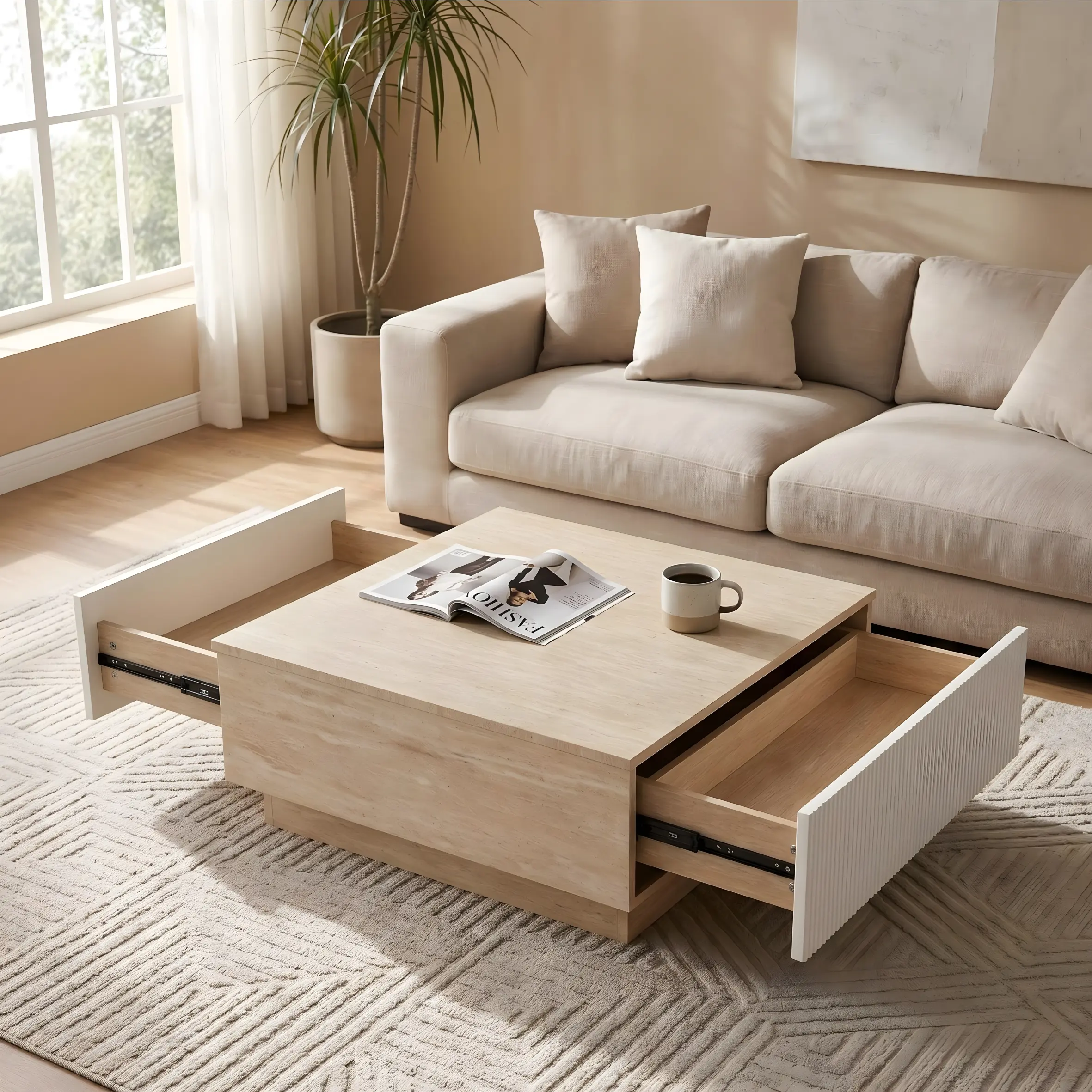 Faux Travertine Coffee Table with Storage Drawers, Minimalist Beige Stone Look Center Table, Low Profile Cocktail Table for Living Room, Wabi-Sabi Style, 33.5x33.5x13.8 in, MDF