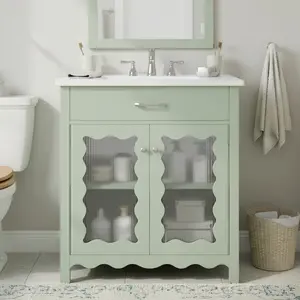 30 Inches Bathroom Vanity with Tempered Glass, Modern Bathroom Cabinet with Rubber Wood legs and Soft close Doors, Green