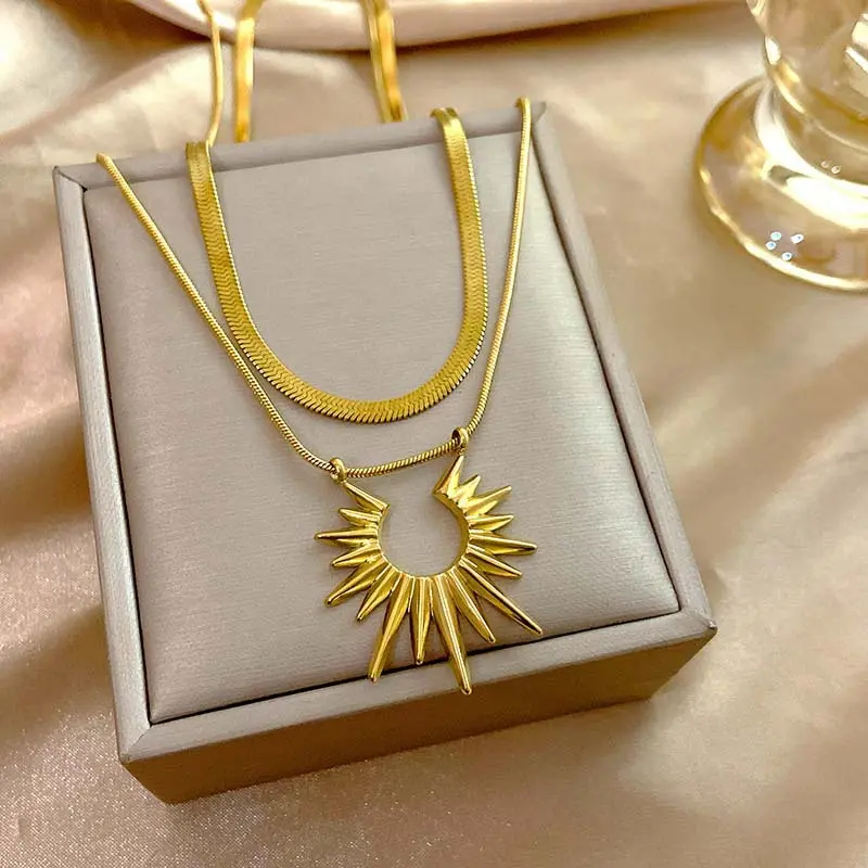2PCS Sun Necklaces, Titanium Steel Double-Layer Twin Clavicle Chain, Apollo Light Luxury High-Grade Necklace
